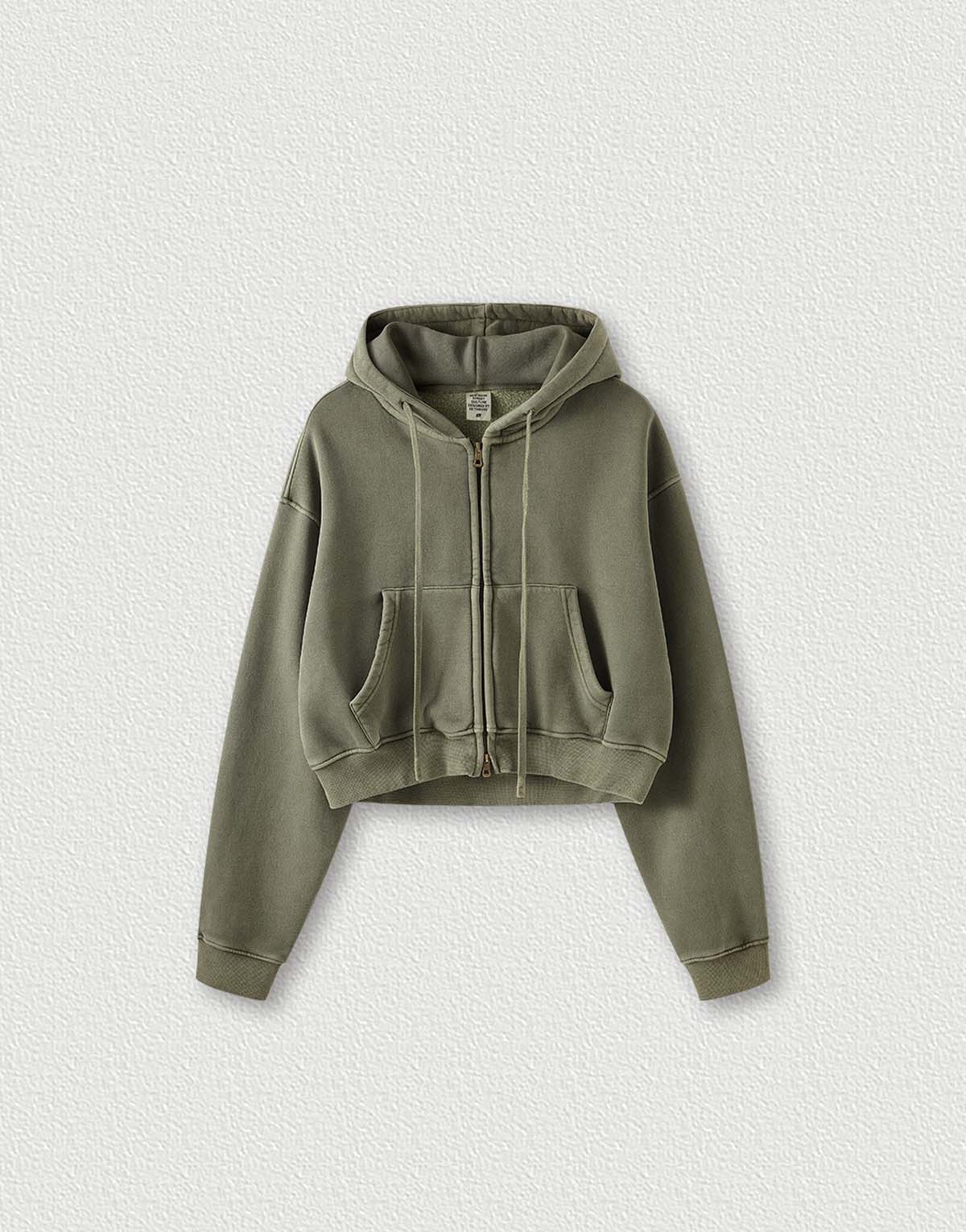 Women's Vintage Zipper Fleece-Lined Distressed Cropped Hoodie-wh284-2